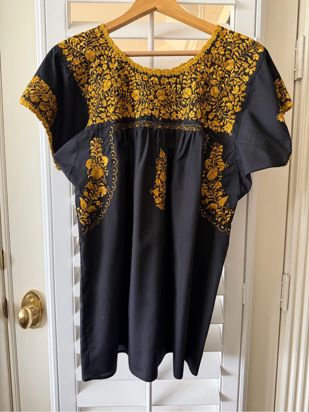 Black Mexican San Antonino Peasant Blouse with Gold Floral Embroidery